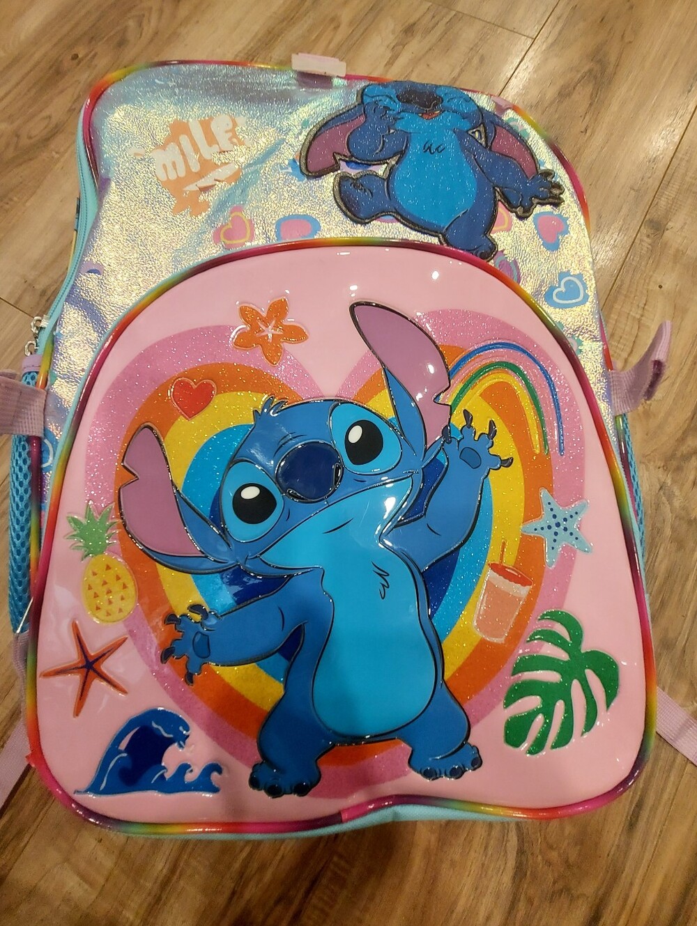 Disney Lilo & Stitch Girls' 17" Iridescent Rainbow Backpack Pink Cute But Cheeky